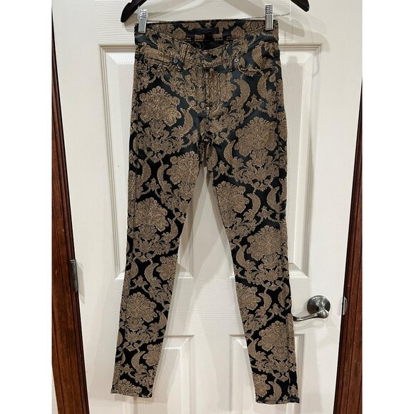 7 For All Mankind Metallic Gold & Black Damask Skinny Jeans Size 25 Acrylic Blen - Picture 7 of 11